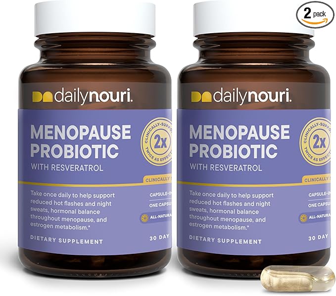 Daily Nouri Menopause Probiotics for Women | Hormonal Balance, Hot Flashes, Night Sweats & Gut Health | 3 Clinically Studied Strains + Resveratrol & Omega | 60-Day Supply