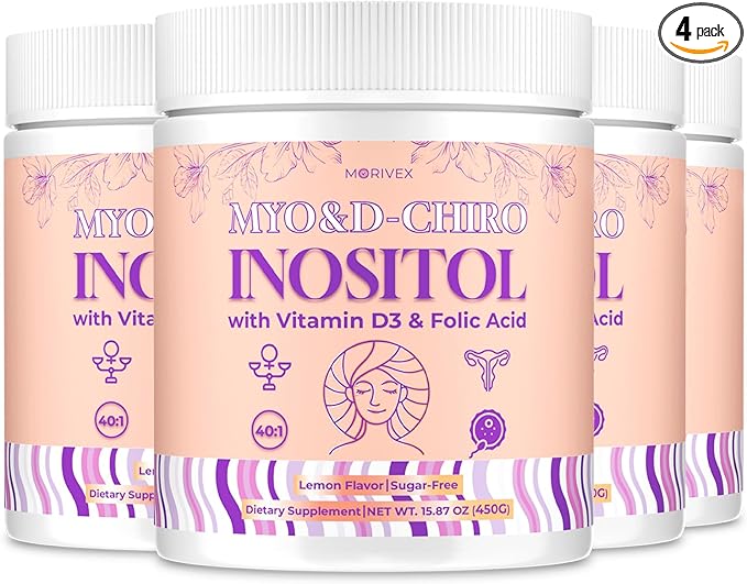 90-Day Myo-Inositol & D-Chiro Inositol Supplement for Women, Fertility Supplements Hormonal Balance for Women Ovarian Health Support, 4000mg:100mg Inositol Powder with Folic Acid & Vitamin, 4-PACK