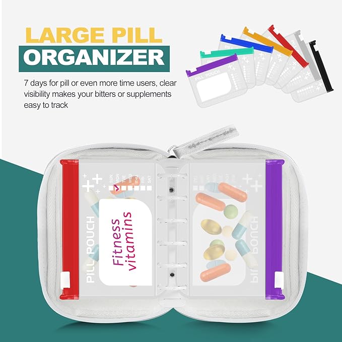 Timueetech A7 Waterproof Pill Organizer with 7 PCS L Size Zippered Pill Pouches for A7 Binder, Large BPA-Free Weekly Medicine Organizer, Color-Coded Reusable Travel Pill Storage System