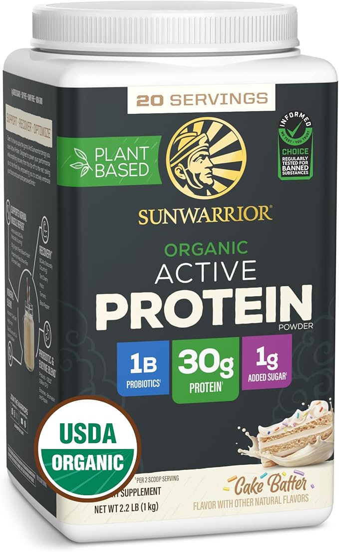 Sunwarrior Organic Plant Based Protein Powder | Vegan Organic Protein Powder with BCAA Amino Acids Plus Recovery Minerals & Botanicals | Non-GMO Soy Dairy & Gluten Free (Cake Batter, 20 Servings)