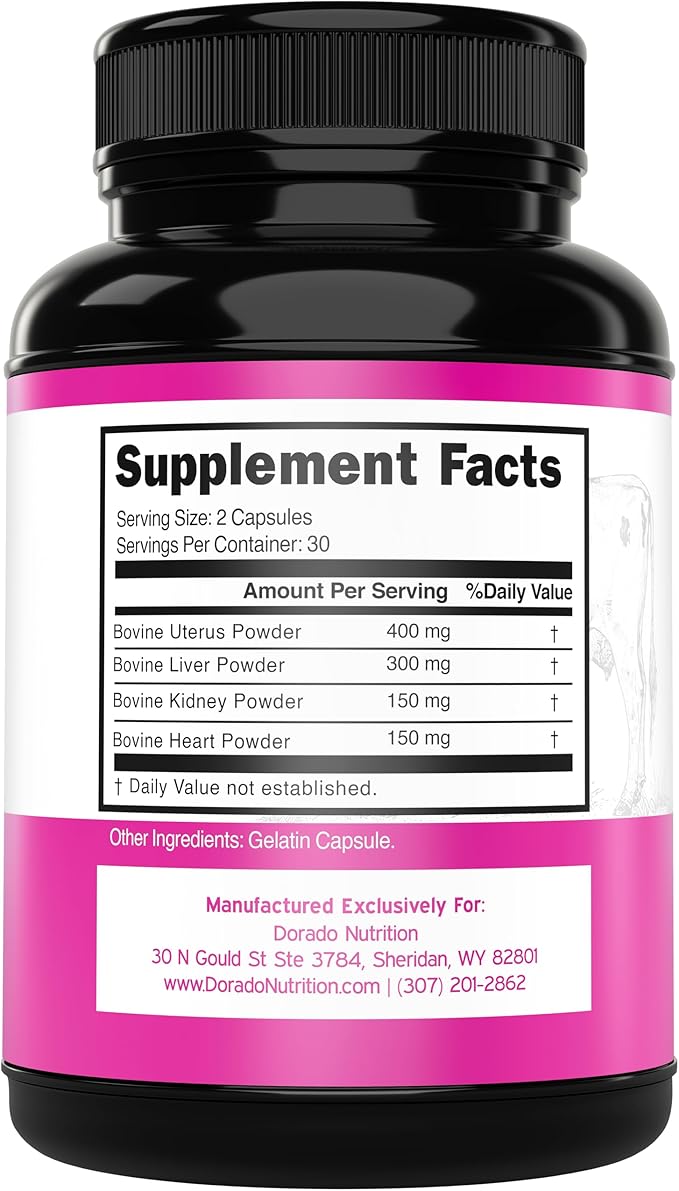 Beef Organ Supplement for Women - Grass Fed Beef Liver, Heart, Kidney & Uterus 1000mg Per Serving - Support Women's Energy & Overall Health - Third Party Tested & Non GMO - USA Made (60 Capsules)