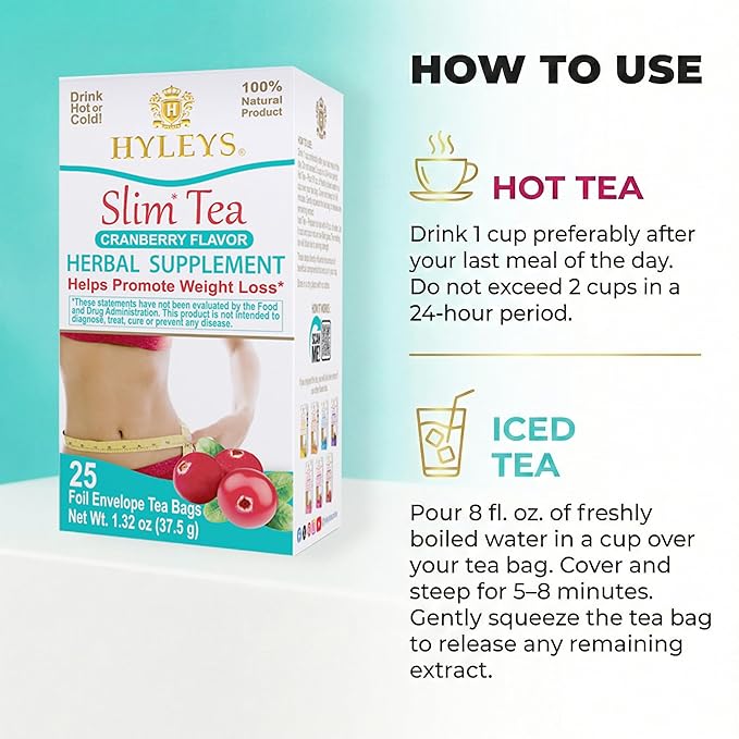 Hyleys Slim Tea Cranberry Flavor - Weight Loss Herbal Supplement Cleanse and Detox - 25 Tea Bags (12 Pack)