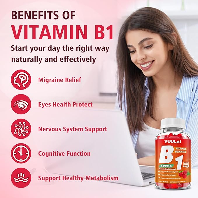 Pack of 2 Vitamin B1 Gummies 500mg for Adults & Kids, Thiamine B1 Supplement with Magnesium, Vitamin B1 Supplement for Nervous System Supports & Boost Energy, Raspberry Flavor, 120 Count
