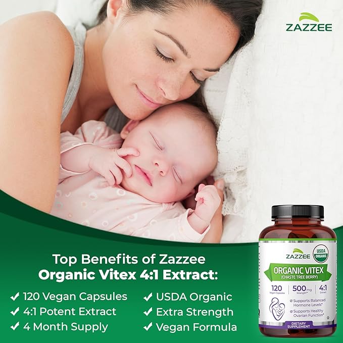 Zazzee USDA Organic Vitex 4:1 Extract, 120 Vegan Capsules, 4 Month Supply, Chaste Berry, Hormonal Balance & Cycle Support for Women, Certified Kosher, Vitex Agnus-Castus, Non-GMO, Made in the USA