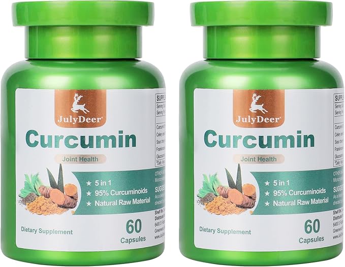 JulyDeer Curcumin Turmeric Complex 2 Bottles with Celery Seed, Sour Cherry, Frankincense Extract, Glucosamine, 95% Curcuminoids for Joint Health, Antioxidant, Immunity Support - 120 Capsules