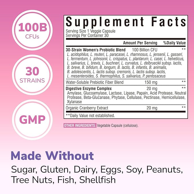 Probiotics for Women 30 Strains, 100 Billion CFU Vaginal Probiotics with Digestive Enzymes, Prebiotics & Cranberry for Urinary Tract Health, pH Balance, 30 Veggie Capsules