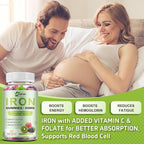 Iron Supplement for Women, Men & Kids, 65mg & Vitamin C 250mg per Serving with B6 B12 Folate- Energy Support for Iron Deficiency, Anemia, Vegan GummyRaspberry Kiwi & BlackBerry Flavor, 60 Gummies