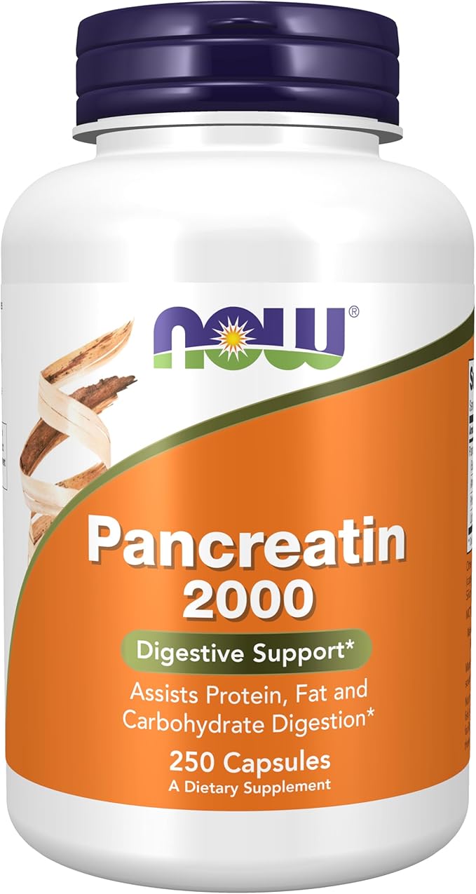 NOW Foods Supplements, Pancreatin 2000 with naturally occurring Protease (Protein Digesting), Amylase (Carbohydrate Digesting), and Lipase (Fat Digesting) Enzymes, 250 Capsules