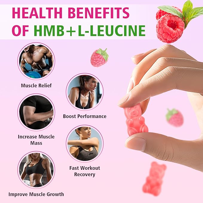 MEENCCD HMB and L-Leucine Gummies, HMB and Leucine Amino Acid for Muscle Growth, Muscle Maintenance, and Muscle Comfort, for Men & Women, Sugar-Free, Raspberry Flavor, 60 Count