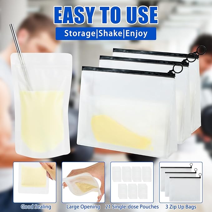 Protein Powder Travel Container Set, Portable Supplement Protein Powder Container To Go, Reusable 21Pcs Single-Dose Bags & 3Pcs Large Protein Holder Dispenser Bags for Workout, Fitness, Travel