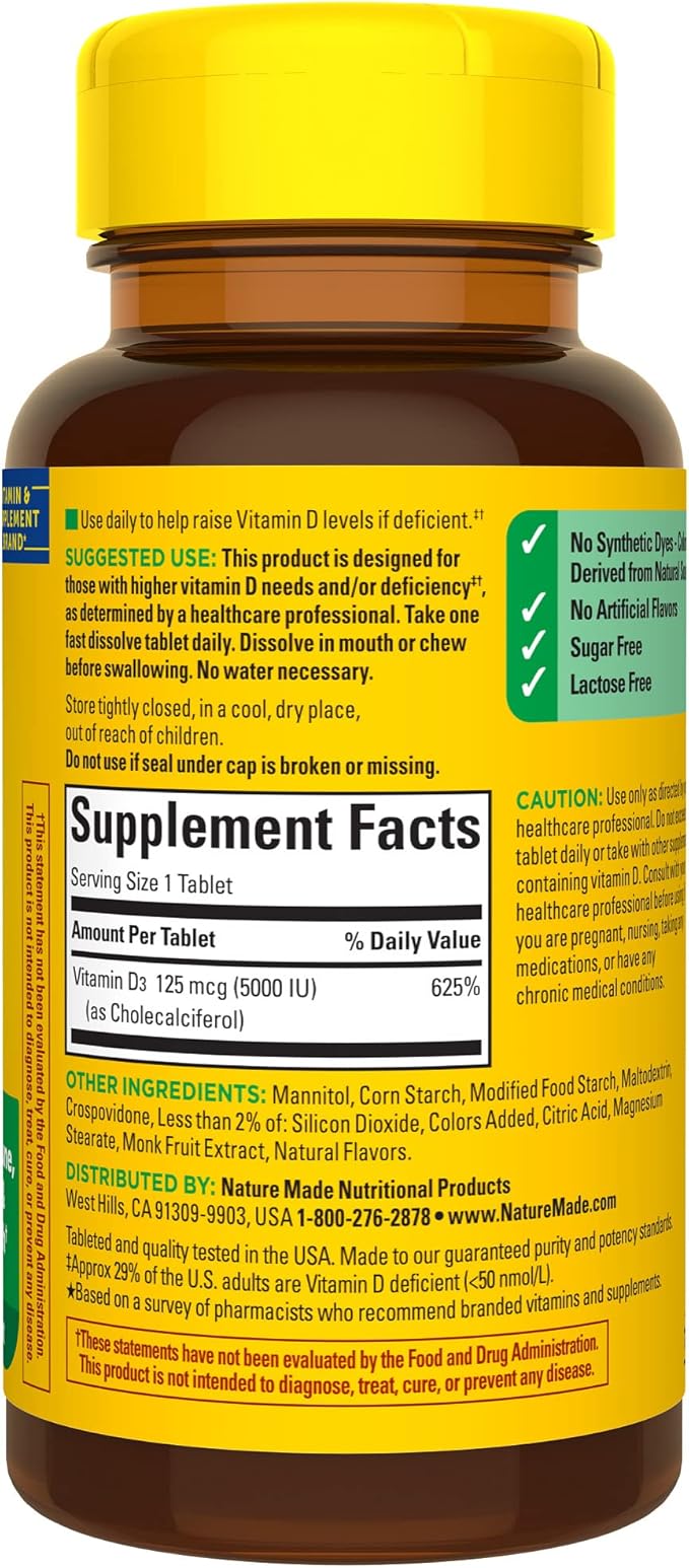 Nature Made Vitamin D3 5000 IU (125 mcg) Extra Strength, Vitamin D Supplement for Immune Support, 70 Sugar Free Fast Dissolve Tablets, 70 Day Supply, (Pack of 2)
