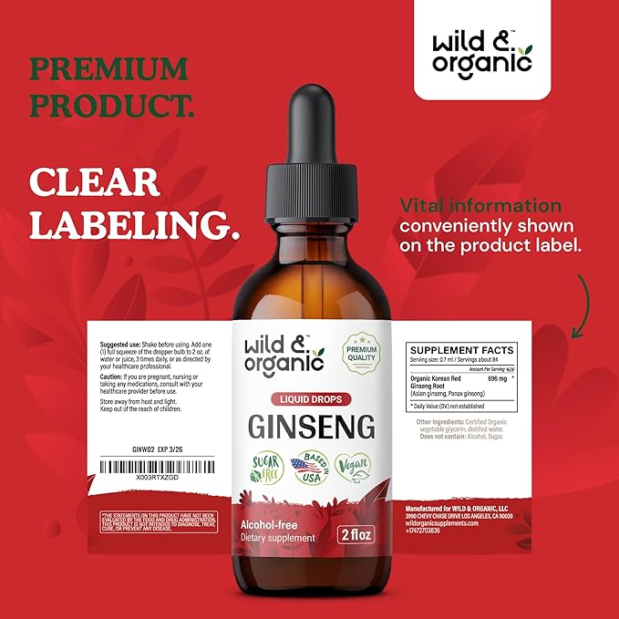Wild & Organic Korean Red Ginseng Extract Drops - Immune Support - Panax Ginseng Supplement - Add to Tea Liquid Root Tincture - Vegan, Sugar & Alcohol-Free - 2 fl oz