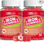 2 Pack Iron Supplement Gummies for Women & Men - Iron Gummies with Folate Vitamin C B12 B6 Zinc, Peach Flavor, Vegan 120 Gummies