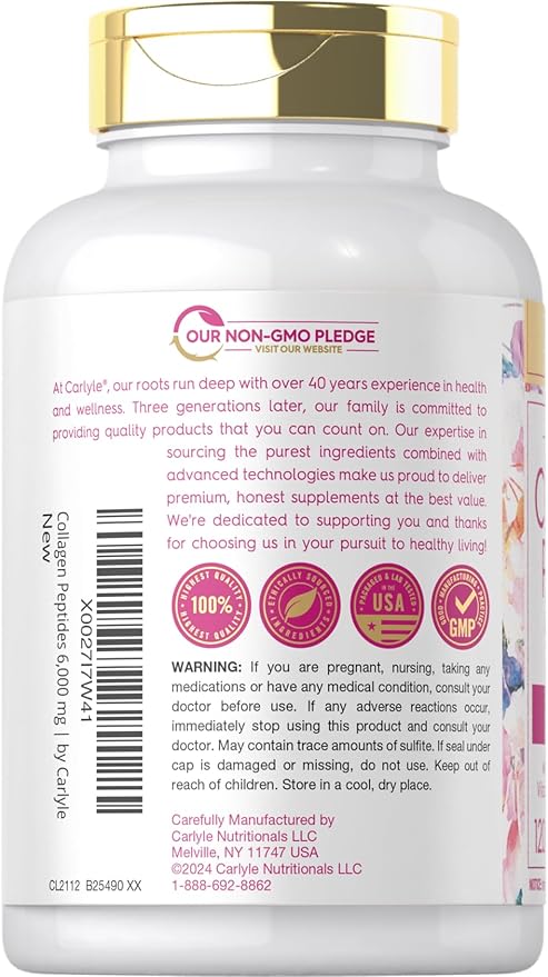 Carlyle Collagen Peptides with Vitamin C | 6000mg | 120 Caplets | Grass Fed Type II & III | Beauty Formula | Non-GMO, Gluten Free Supplement