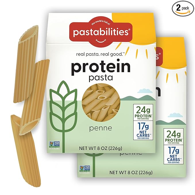 Pastabilities, Protein Pasta, Penne - 24g Protein & Low Carb, 17g Net Carbs - High Protein, Delicious Taste & Texture Non-GMO Plant-Based Pasta, Keto Friendly, Vegan (8 Ounce, 2 Pack)