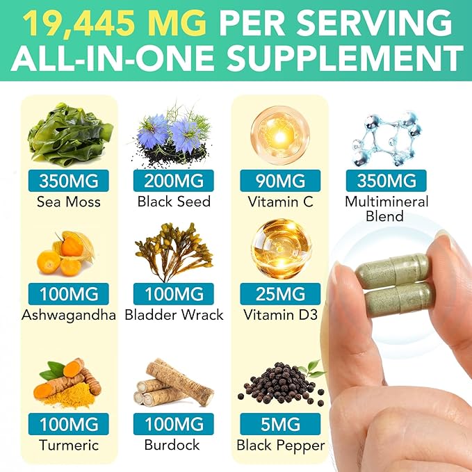 Sea Moss Black Seed Oil Ashwagandha Ginger Capsules, Seamoss Capsules Supplement with Bladderwrack Burdock & Vitamin C Vitamin D3 for Women & Men-Enhanced Immunity,60 Counts