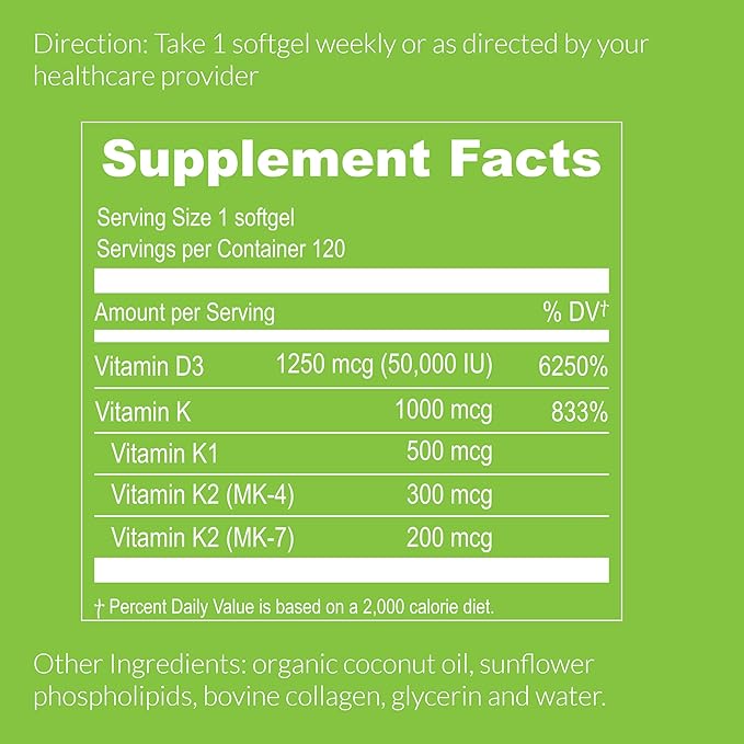 UpNourish Liposomal Vitamin D3 50000 IU (Vitamina D3 de 50000) with 1000 mcg Vitamin K, High Dose Vitamin D3 K2, Vitamin D 50000 IU with K1, K2 MK-4 and MK-7, 120 Mini Softgels