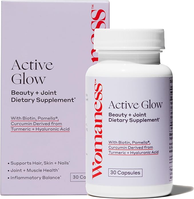 Womaness Active Glow Hair Skin and Nails Vitamins for Women - Hair Growth Vitamins with Hyaluronic Acid - Biotin and Curcumin - Nail Care, Joint Support and Glow Supplements for Dry Skin - 30 Capsules