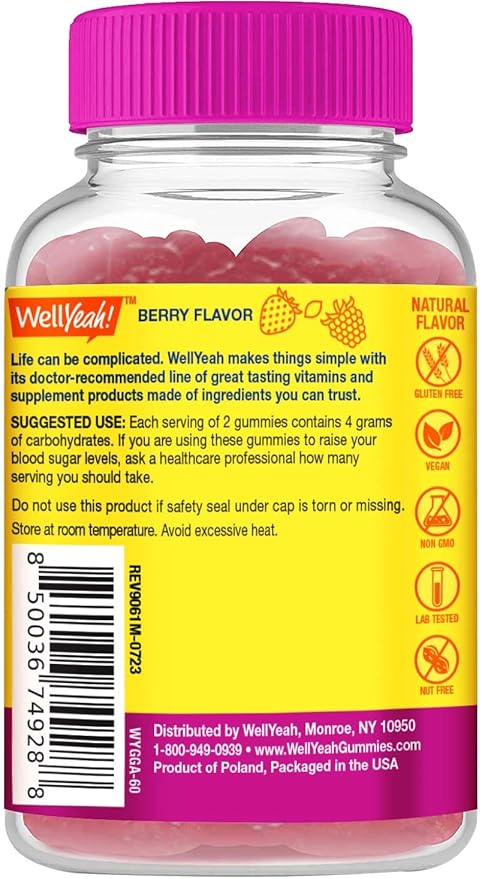 WellYeah Glucose Gummies - 4 Grams of Carbohydrates- Natural Sourced Flavors - Chewable Gummy for Men and Women, Non-GMO, Gluten Free - 60 Count