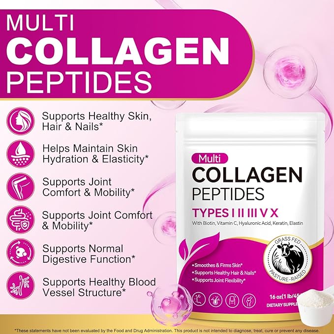 Multi Collagen Peptides Powder, 1lb – Types I, II, III, V, X | Hydrolyzed Collagen with Biotin, Vitamin C, Hyaluronic Acid, Keratin & Elastin | Supports Skin Hair Nail & Joint, Grass-Fed