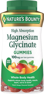 Nature’s Bounty High Absorption Magnesium Glycinate Gummies, 100 mg Magnesium Per Serving, Whole Body Health, No Stick Gummy, Peach Mango Flavor – Vegetarian & Gluten Free – 60 Count/30 Servings