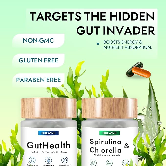 Dulave Gut Health & Spirulina Chlorella Bundle – Probiotics, Digestive Enzymes & Greens – Supports Digestion, Energy, Immune Health – Non-GMO(1 Set)