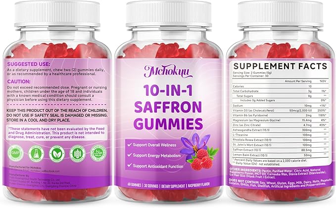 Saffron Supplement Gummies for Kids & Adults Supports Antioxidant Function with Ashwagandha, L-Theanine, Rhodiola Rosea, Lemon Balm, Vitamin D3, B6, Magnesium & Zinc – Raspberry Flavor, 60 Count