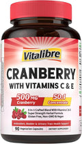 Vitalibre Cranberry Pills for Women with Vitamin C & E, Once Daily, Vegan, Urinary Tract Health & Kidney Cleanse, 90 Capsules