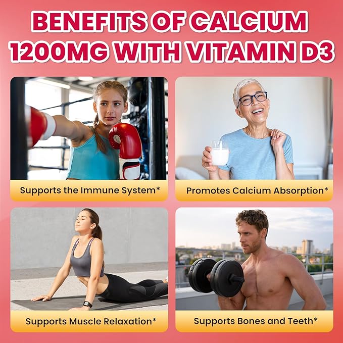 Calcium Citrate Gummies - 1200mg Calcium Gummies Supplements for Women & Men with Vitamin D3, K2, Magnesium, Zinc High Absorption for Bone, Muscle & Immune Support, Strawberry Flavor, 60 Count