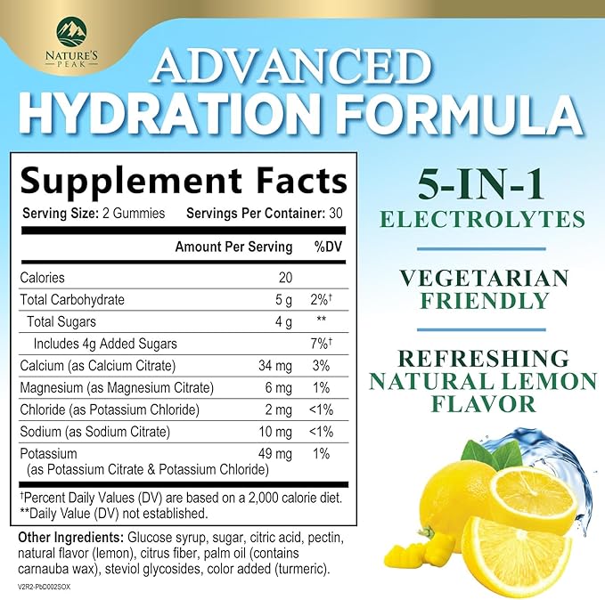 Hydration Electrolyte Gummies - Daily Liquid Replenisher Gummy - Electrolyte Multiplier with Minerals, Potassium & Real Salt - Vegan, Non-GMO - Tasty Lemon Flavor Hydration Electrolytes - 60 Gummies