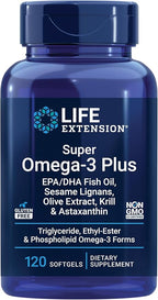 Life Extension Super Omega-3 Plus EPA/DHA Fish Oil, Sesame Lignans, Olive Extract, Krill & Astaxanthin - Heart, Brain & Joint Health Support - Gluten-Free, Non-GMO - 120 Softgels