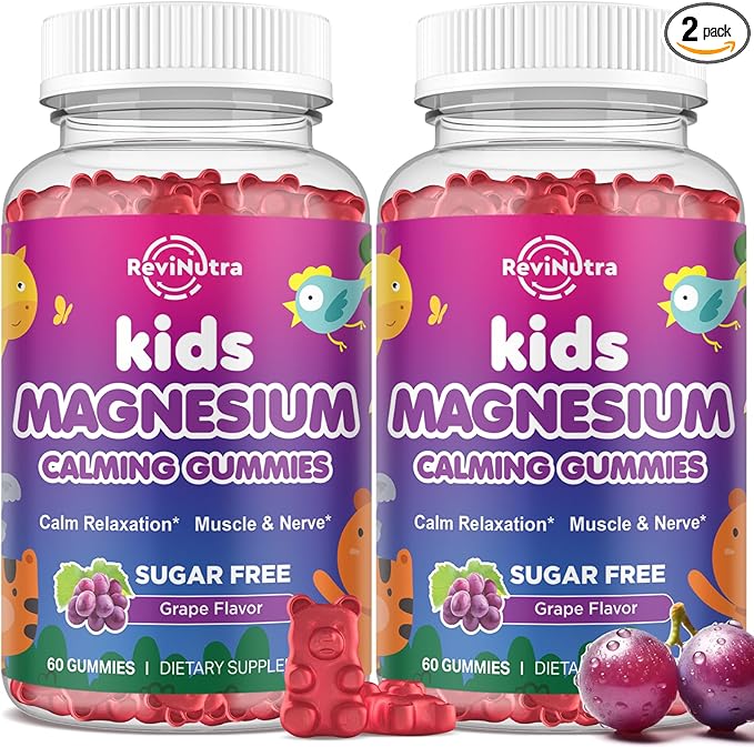 2 Pack Kids Magnesium Glycinate Gummies - Magnesium Gummies with L-Theanine, Chamomile, Licorice, Vitamin B6, D for Kids & Adults Sleep, Stress, Muscle Relief & Nerve Bone - Sugar Free Grape