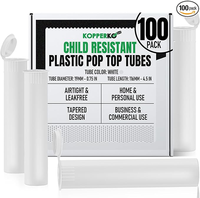 Kopperko Travel Pill Bottle (116mm, 4.6 Inch 100-Pack) | Child Resistant Plastic Storage Tubes | Empty Pill Bottle for Spices | Airtight, UV Resistant & Waterproof (White Plastic)