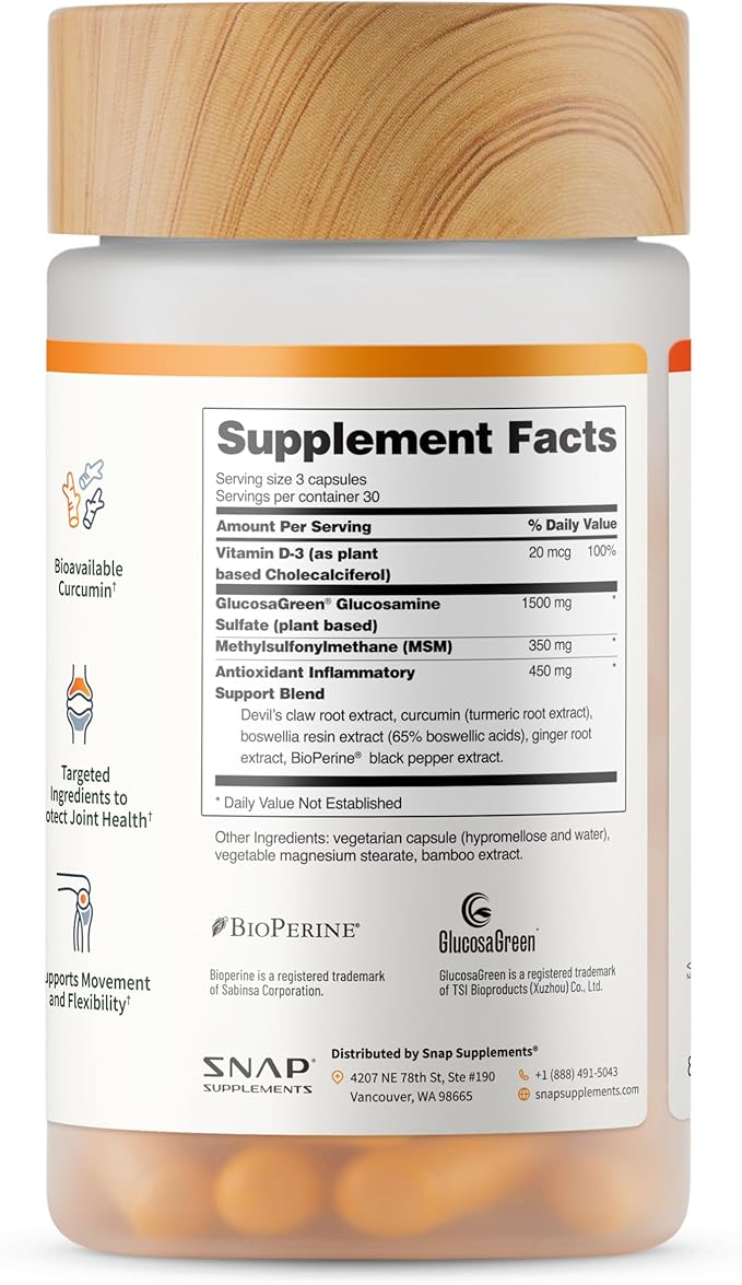 Snap Supplements Joint Health Support Supplement, Plant Based Glucosamine & MSM Supplement, Joint Supplement to Support Movement, Flexibility and Strength, Joint Support Supplement, 90 Capsules