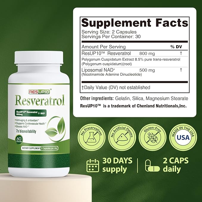 Liposomal NAD+ Resveratrol Supplement 1300mg, High Bioavailable Trans Resveratrol ResUP10, with Extra Strength NAD Plus, Support Aging, Cardiovascular Health and Cellular Energy, 60 Capsules