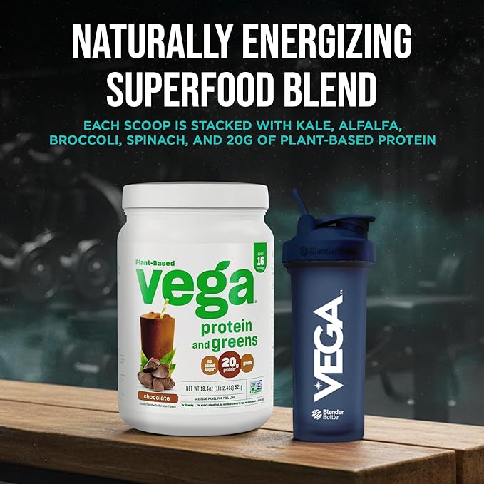 Vega Protein and Greens Protein Powder, Chocolate - 20g Plant Based Protein Plus Veggies, Vegan, Non GMO, Pea Protein for Women and Men, 1.2 lbs (Packaging May Vary) (Pack of 1)