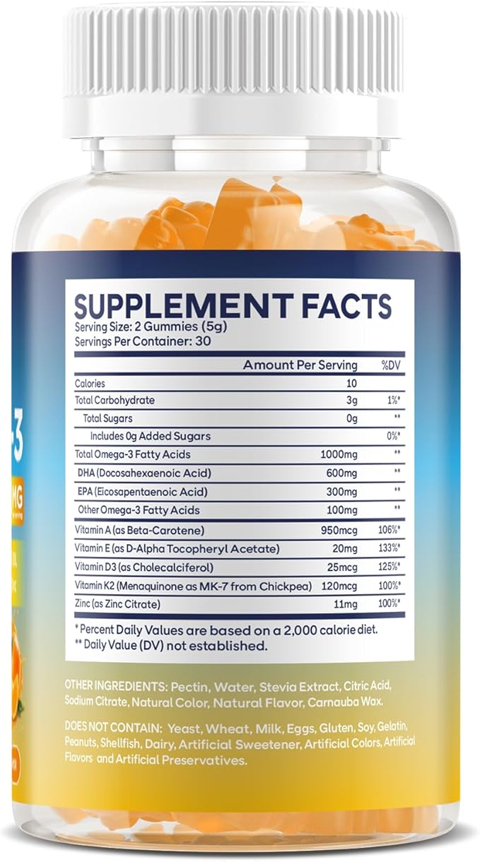 2 Pack Vegan Omega 3 Gummies 1000MG Algal Oil Omega 3 Supplement for Adults with Algae DHA 600mg & EPA 300mg Fish Oil Alternative - for Eye & Immune Health, Orange Flavor, 120 Count