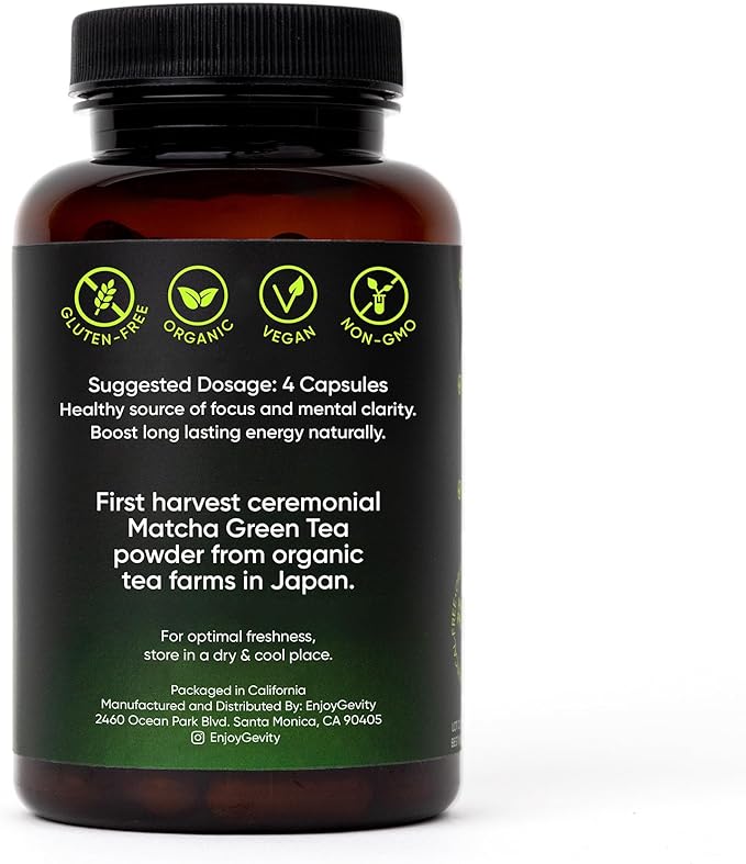 Organic Matcha Green Tea Capsules - Natural Energy Boost - Clean Gradual Caffeine - Japanese Matcha Green Tea Pills - 100% Natural Antioxidant - Calming and Relaxing - 120 Daily Capsules - 2,000/mg
