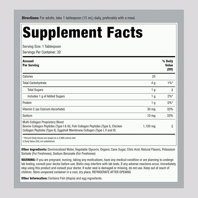 Piping Rock Liquid Collagen 16 fl oz | 1100mg | Fruit Flavor | Multi Collagen Type I, II, III, V, X | with Vitamin C | Non-GMO, Gluten Free Supplement