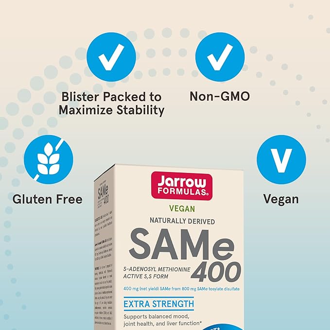 Jarrow Formulas SAMe Supplement 400 mg - 60 Tablets - High Concentration of Active S,S Form - Supports Joint Health, Liver Function, Brain Metabolism, Balanced Mood & Antioxidant Defense - 60 Servings