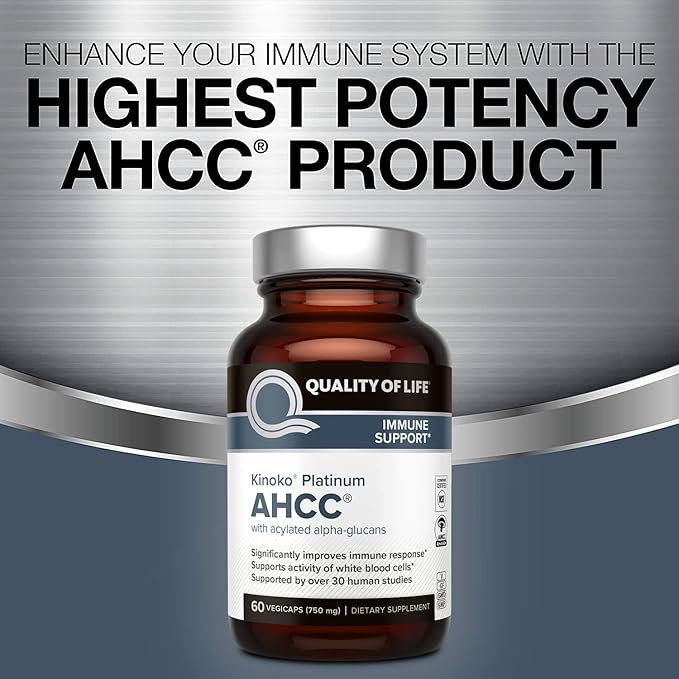 Quality of Life AHCC Kinoko Platinum 750 mg – Premium Immune Support Supplement, Pack of 3-60 Count Bottles