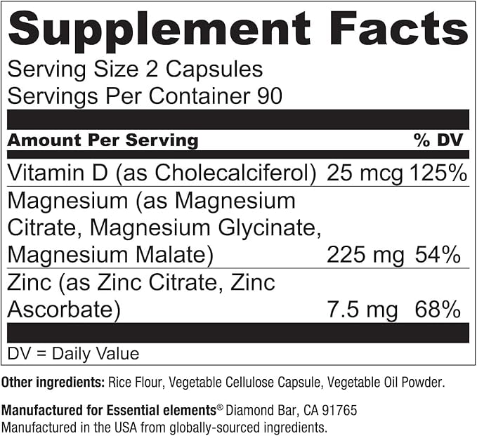 Essential Elements Magnesium Plus Zinc with Vitamin D3 | Scientifically Formulated Heart, Bone & Muscle Support | 225mg Triple-Strength Magnesium Complex with Glycinate, Malate, Citrate | 180 Count