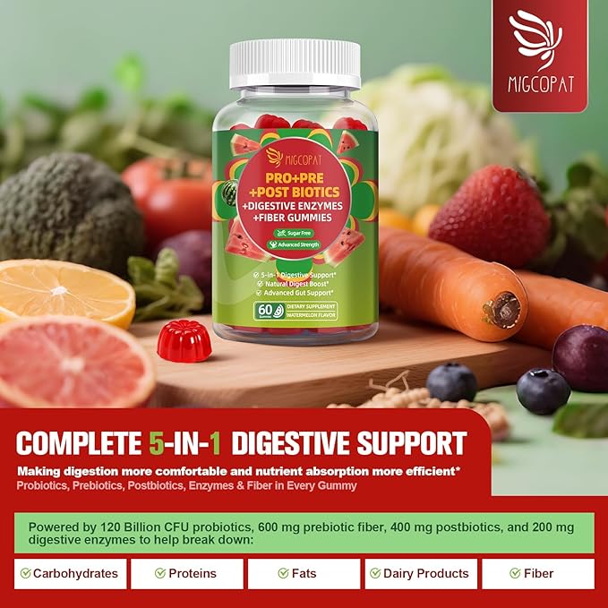 Migcopat Pre Post Probiotics Gummies, Probiotic Prebiotic Postbiotic Digestive Enzymes with Fiber, 120 Billion CFU Probiotics - Digestive Health, Sugar Free, Vegan, Watermelon, 60 Gummies