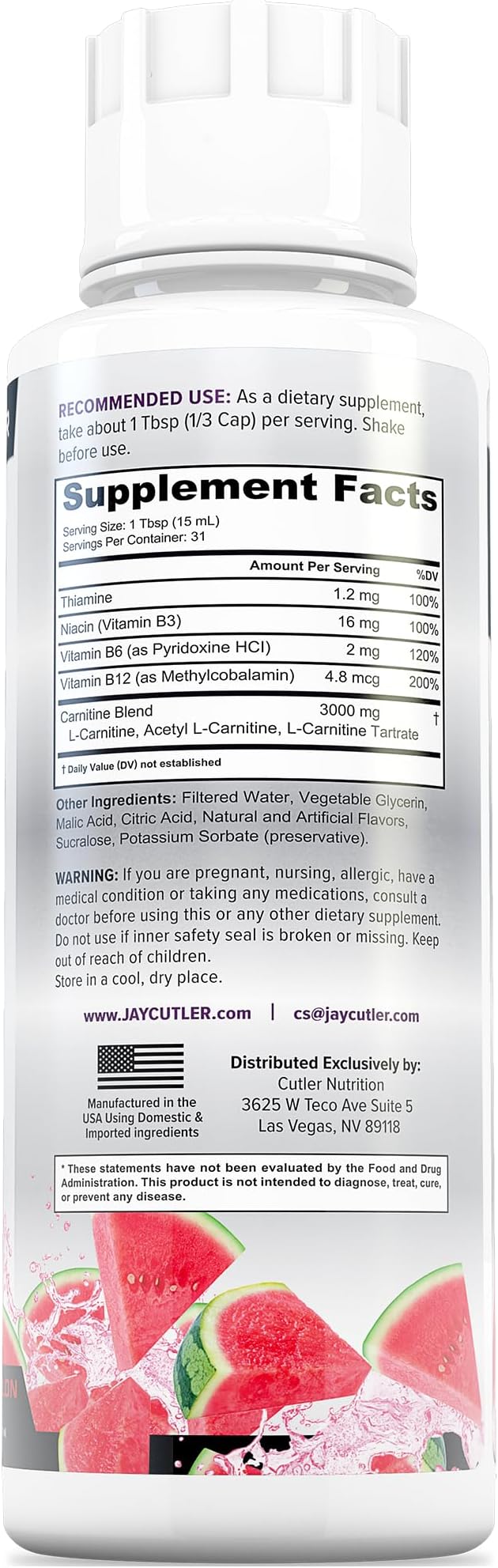 Cutler Nutrition Liquid L-Carnitine Fat Burner Supplement with Acetyl L-Carnitine & L-Carnitine Tartrate - Fat Burner Formula for Optimal Absorption, Energy & Muscle Support | Watermelon Flavor