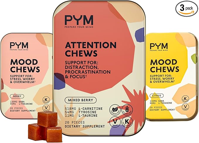 PYM Mood & Focus Chews Variety Pack, 60 Count | Berry & Citrus Mood Chews + Attention Chews | GABA, L-Theanine, L-Carnitine | Vegan, Non-GMO, Caffeine-Free