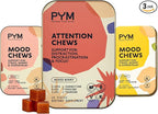 PYM Mood & Focus Chews Variety Pack, 60 Count | Berry & Citrus Mood Chews + Attention Chews | GABA, L-Theanine, L-Carnitine | Vegan, Non-GMO, Caffeine-Free
