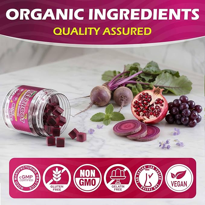 Organic Beet Root Gummies with L-Citrulline & L-Arginine, Nitric Oxide Supplements for Men and Women, Grape Seed, Pomegranate, Saffron for Circulation, Vâsculâr & Vitality, Vegan, Sugar Free, 120 Cts