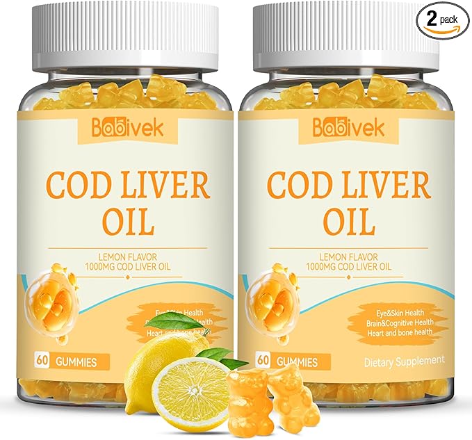 Cod Liver Oil Gummies 1000mg, for Adults & Kids with Omega-3 Vitamin A & D3, Fish Oil Supplement, Supports Eye Health, Brain Function & Bone Health, Sugar-Free, Non-GMO, Gluten-Free 120 Count
