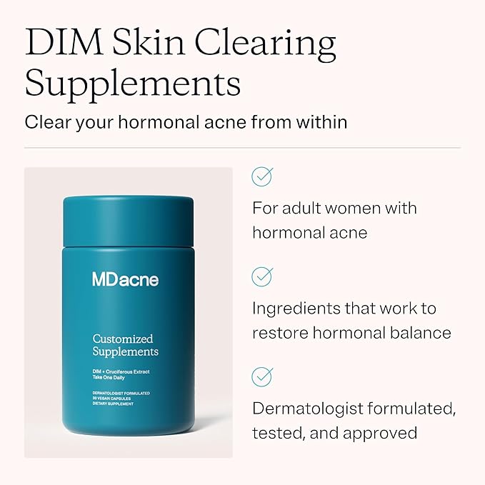 MDacne DIM Skin Clearing Supplements (30 Vegan Capsules) - for Acne Treatment, Estrogen Balance, Hormone Menopause Relief & Bodybuilding, Cruciferous Extract & Bioperine (30 Count (Pack of 1))