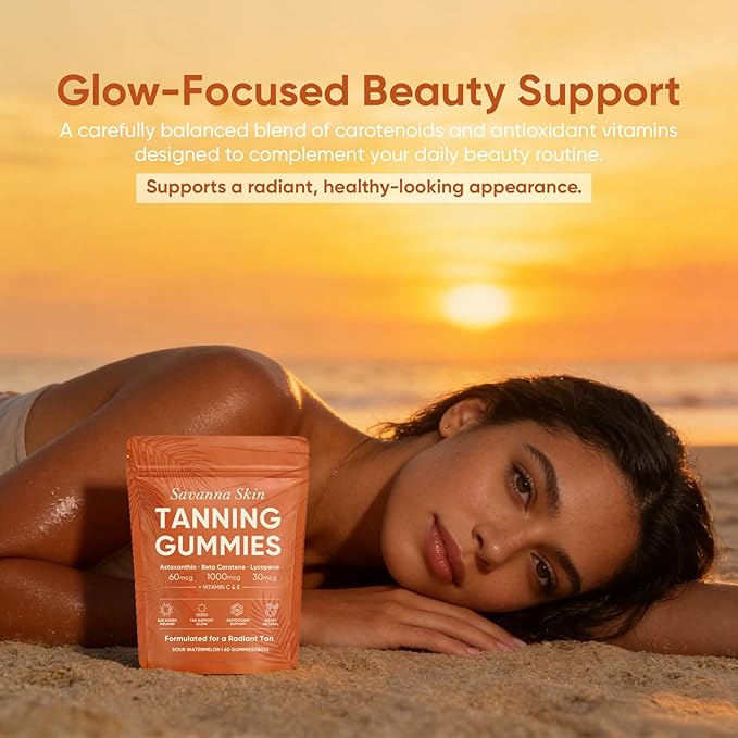 Savanna Skin Tanning Gummies, Astaxanthin, Beta Carotene & Lycopene Blend with Vitamins C & E, Radiant Healthy Skin, Sour Watermelon Flavor, Vegan & Sugar-Free, 60 Count
